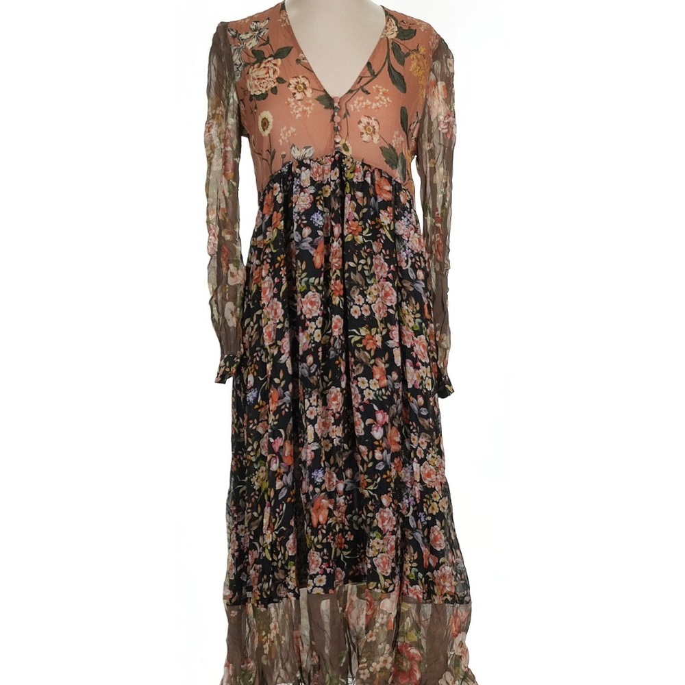 Zara Chic Floral Long Sleeve Dress in Black and Brown - Picture 2 of 8